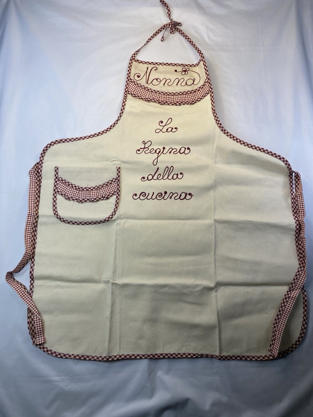 Nonna Embroidered Bib Apron Beige/Maroon Gingham Trim Pocket Cotton One Size